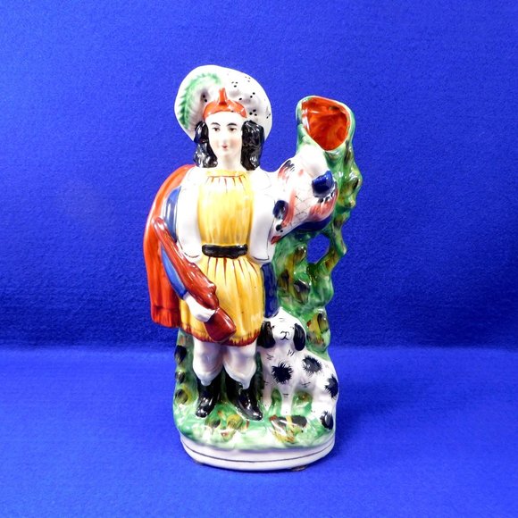 VIntage Staffordshire Flat Back Spill Vase Hunter w Spaniel Dog Figurine England